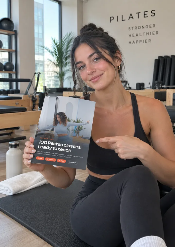 Pilates instructor sitting on a mat holding Repertoire